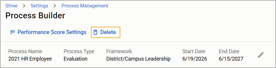 Process Builder interface showing evaluation settings and delete option for a process.